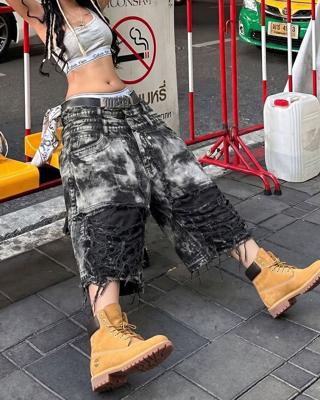 New Raw Hem Ripped Black Jean Shorts